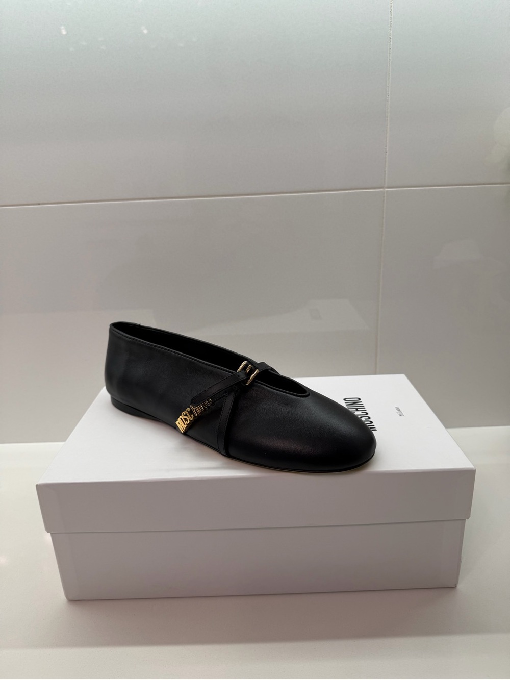 Moschino Black Leather Mary Jane Flat with Gold Logo Charm